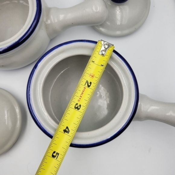 Vintage Blue Trim Handled Stoneware Soup Crocs Made in Taiwan - set of 2 - Picture 4 of 5